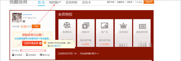 “优酷会员”界面